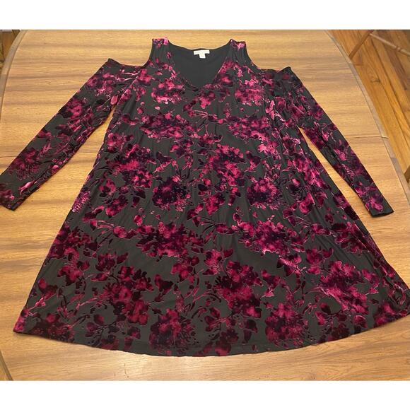 Cato‎ Burgundy Burnout Velvet Long Sleeve Cold Shoulder Midi Dress Size Large - Picture 4 of 6